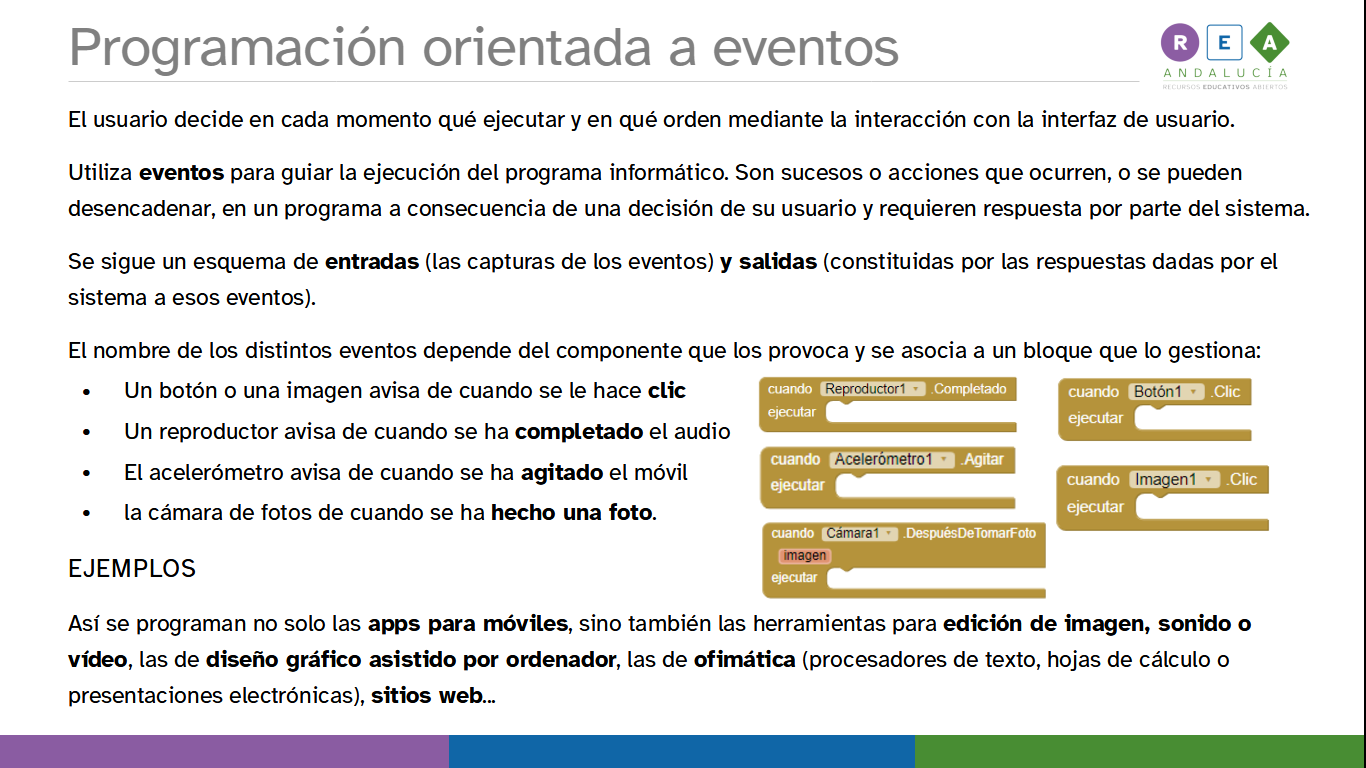 La imagen muestra un texto acerca de la programación por eventos así como ejemplos de eventos y sus bloques