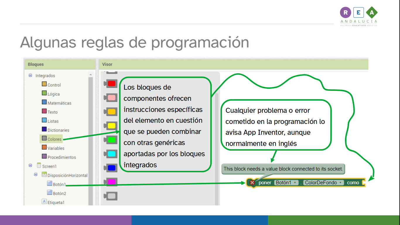 La imagen muestra más reglas de programación sobre la interfaz de bloques de App Inventor