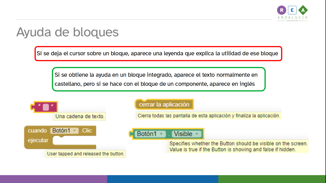 La imagen muestra varios ejemplos de cómo consultar la información que ofrece por defecto App Inventor sobre cada uno de sus bloques de programación