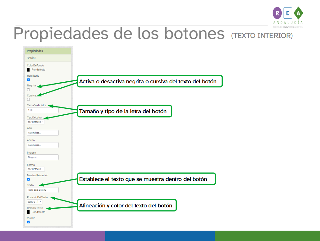 La imagen muestra la parte de la interfaz de diseño que corresponde a las propiedades del componente botón con indicación de las opciones de configuración del texto