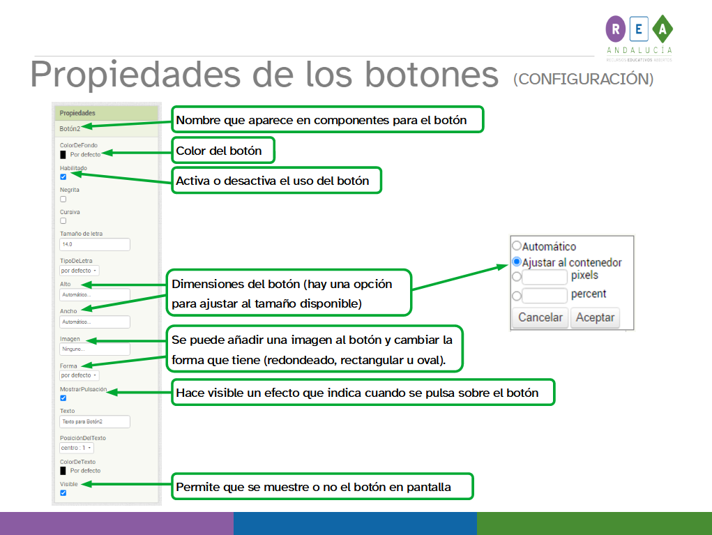 La imagen muestra la parte de la interfaz de diseño que corresponde a las propiedades del componente botón con indicación de las opciones de configuración generales