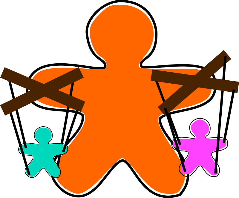 La imagen muestra un muñeco con marionetas en ambas manos