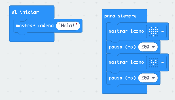Al iniciar: mostrar cadena “Hola!”/ por siempre: mostrar icono corazón expandido, pausa de 200 ms, mostrar icono corazón contraido, pausa de 200 ms