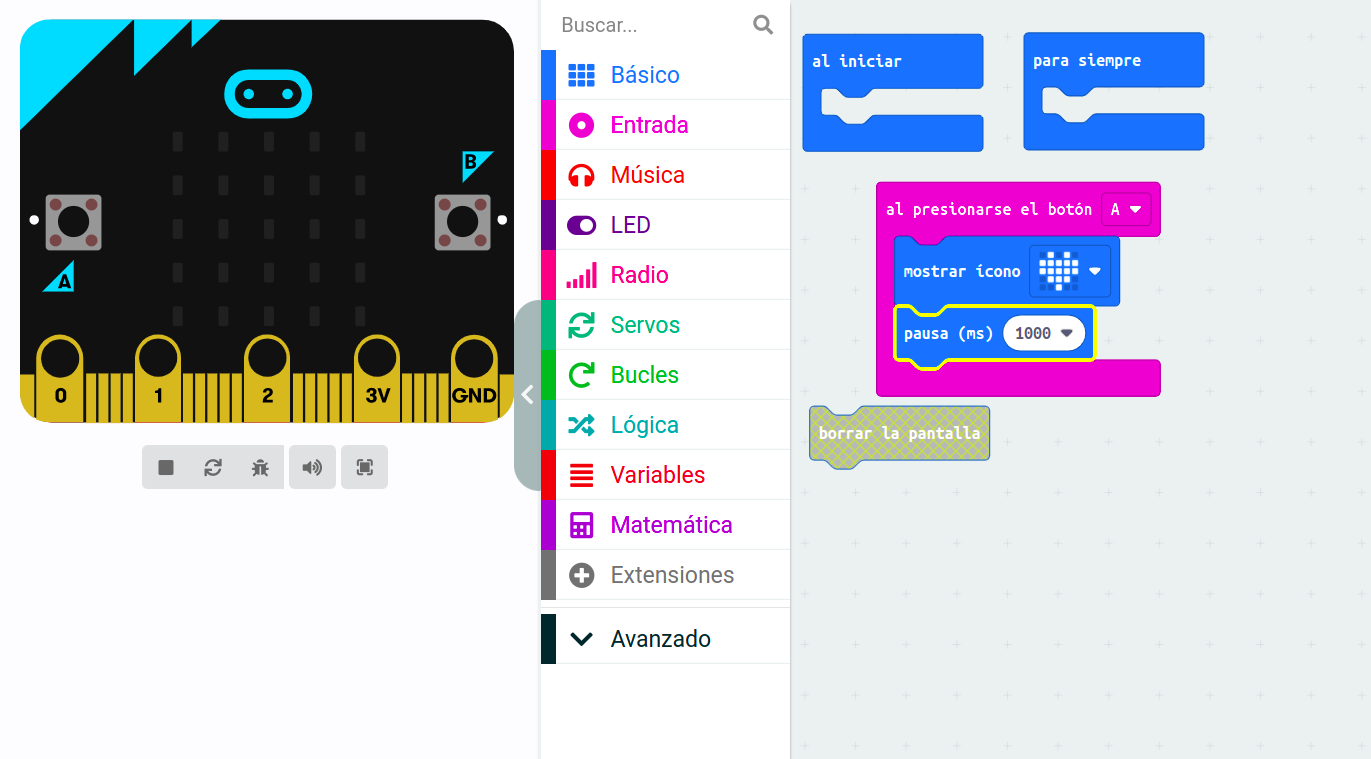 Imagen que describe cómo unir los bloques del primer programa de sensores en MakeCode