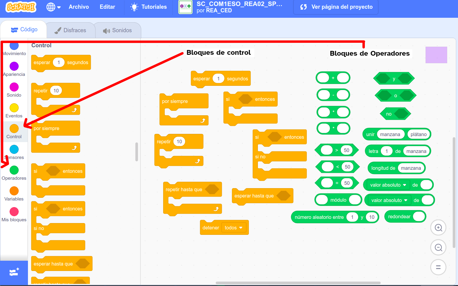 Imagen de las estructuras de control y operadores en Scratch