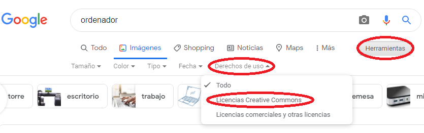 La imagen muestra una captura de pantalla de una búqueda en Google filtrada por la opción de imágenes en la que se selecciona la herramienta de derechos de uso para mostrar las opciones entre las que se destaca las que tengan licencia Creative Commons