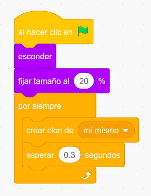 Imagen de los bloques de programación para la creación clones copos de nieve en Scratch