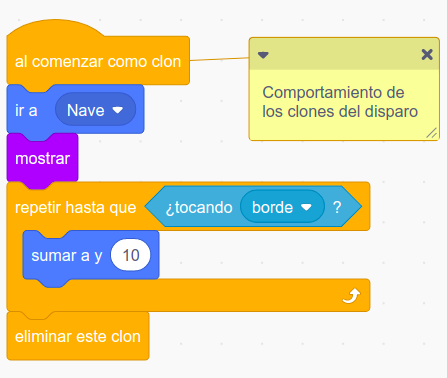 Imagen bloques programación comportamiento de clones de disparos