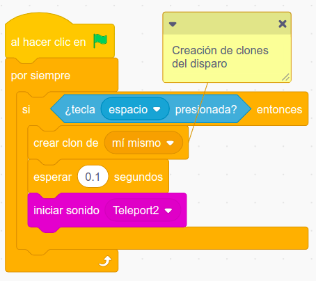 Imagen de los bloques de programación creación clones disparos