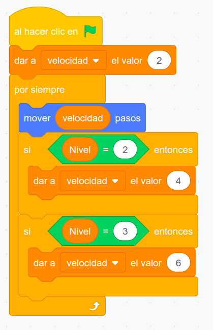 Imagen de los bloques de programación para velocidad variable en Scratch