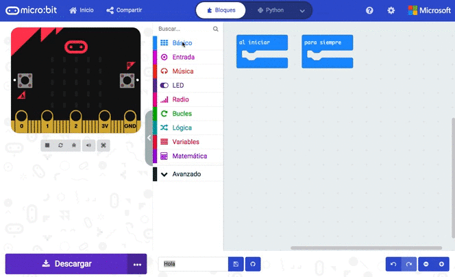 Imagen animada de exploración de los bloques de programación de MakeCode