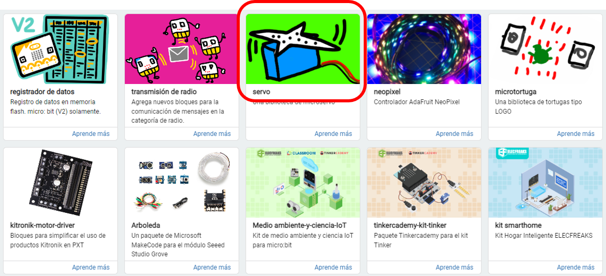 Imagen que muestra las extensiones del entorno de MakeCode para micro:bit