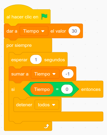 Imagen representa los bloques del contador de tiempo en Scratch
