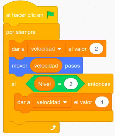 Imagen del código de variable velocidad variable en Scratch