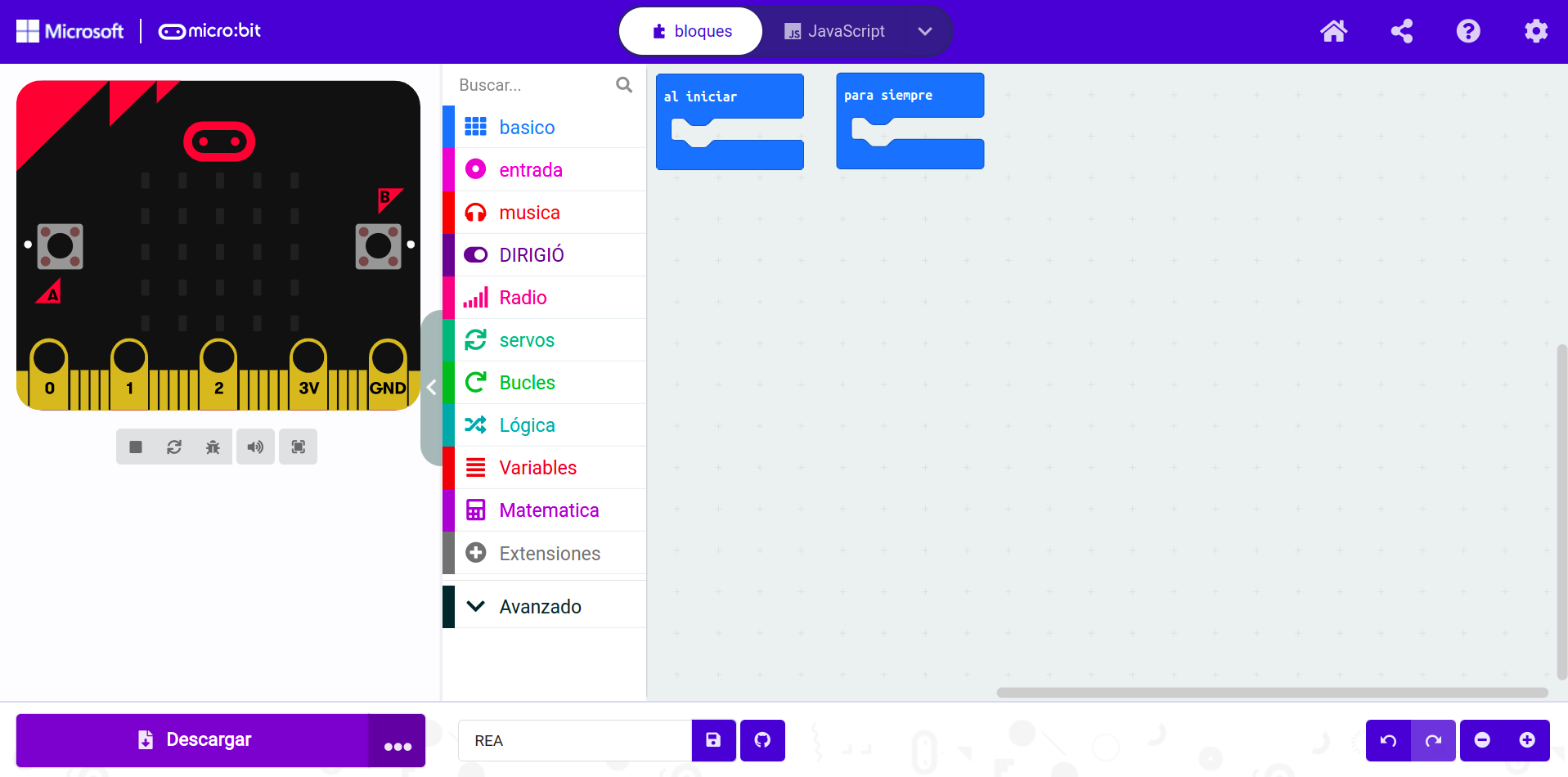 Imagen que describe el entorno de programación de MakeCode