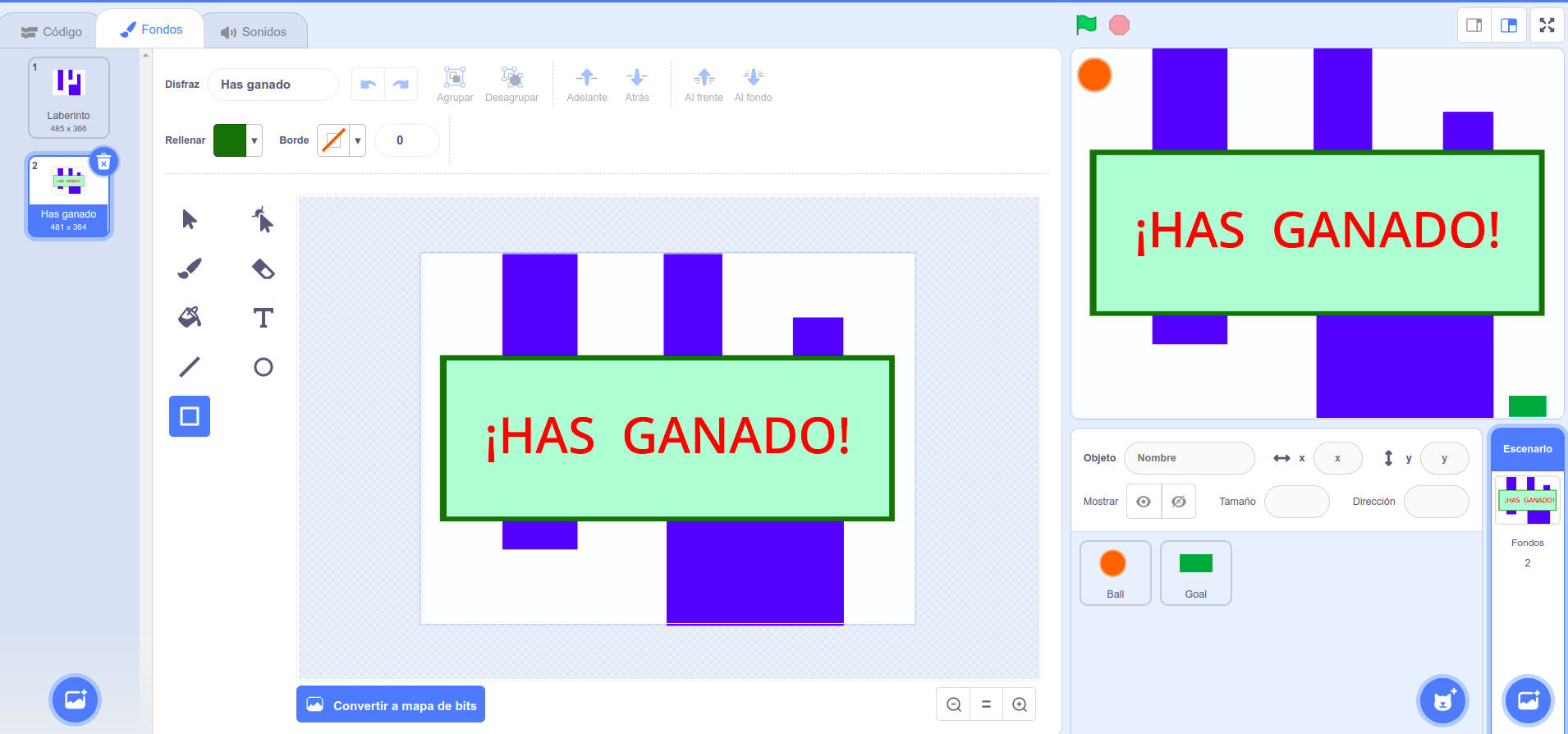 Imagen del resultado del mensaje ganaste Maze
