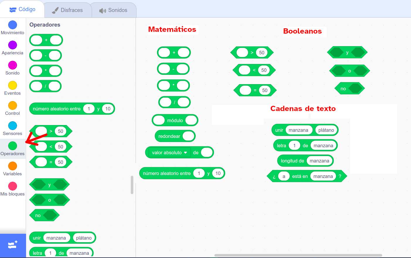 Imagen que representa los bloques de la categoría operadores Scratch