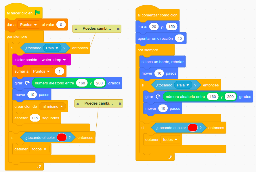 Imagen con los bloques de clonar bola del Pong