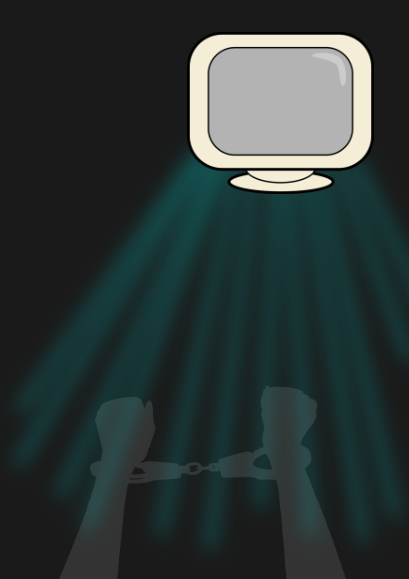 La imagen muestra un monitor que emite una luz oscura sobre unos brazos levantados que están esposados