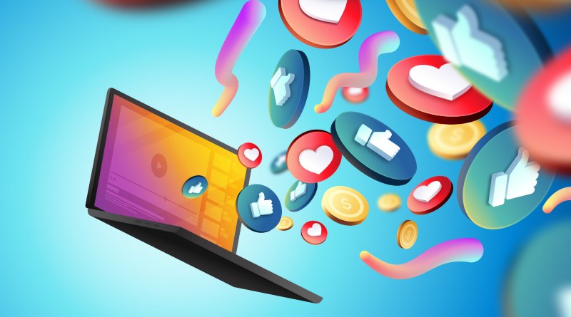 La imagen muestra un portátil de cuya pantalla salen likes y corazones