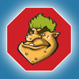 La imagen muestra la cara de un trol dentro de una señal octogonal de stop