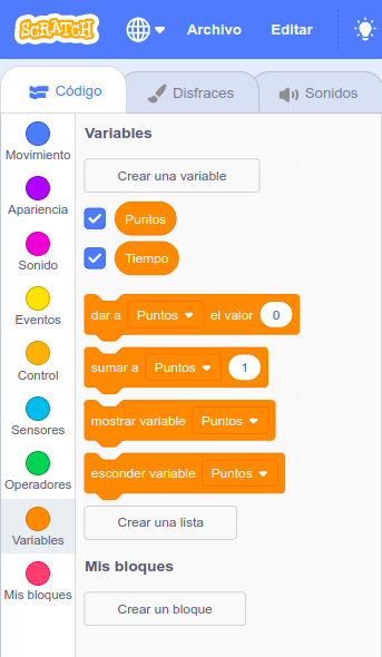 Categoría variables en Scratch Imagen de la categoría variables en Scratch