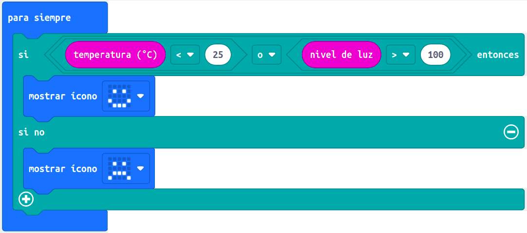 Imagen que muestra los bloques de programación de un condicional con debug de sensores en MakeCode