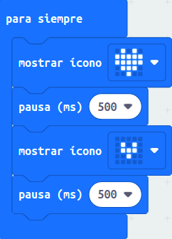 Imagen que describe los bloques de programación para mostrar un corazón latiendo en la matriz de leds de la micro:bit