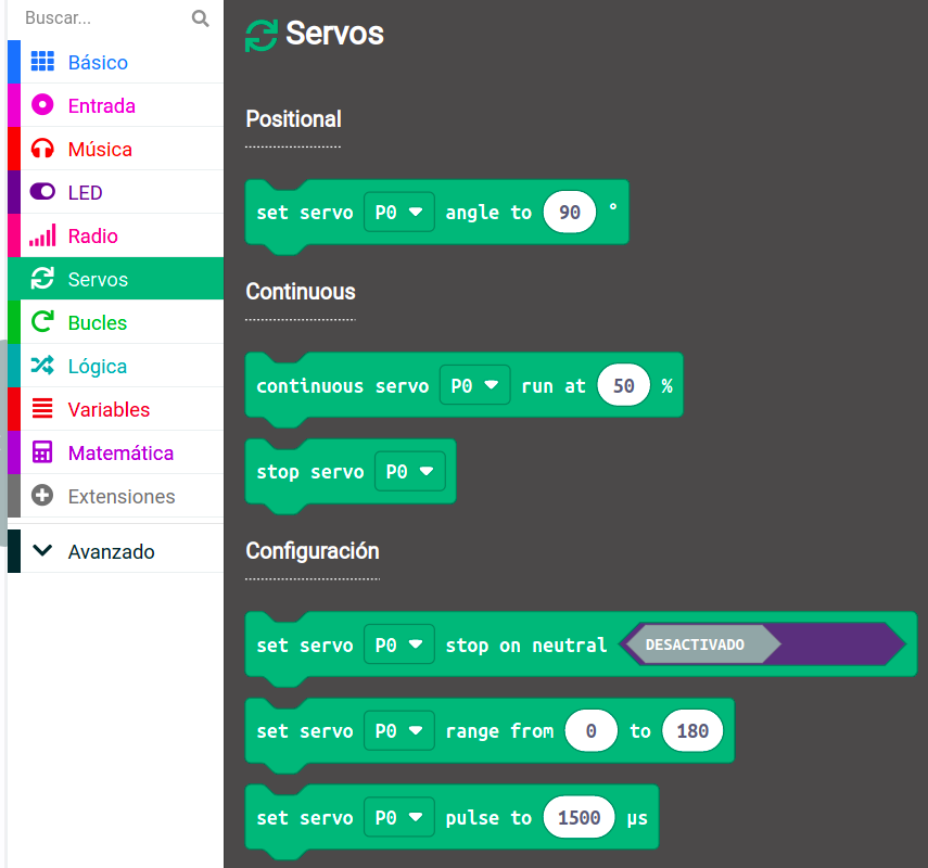 Imagen que describe la categoría Servos y sus bloques de programación en Makecode