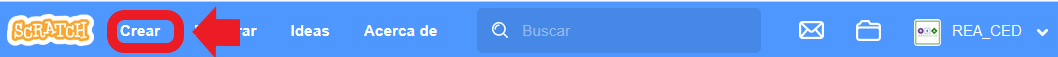 Imagen describe el botón Crear en Scratch