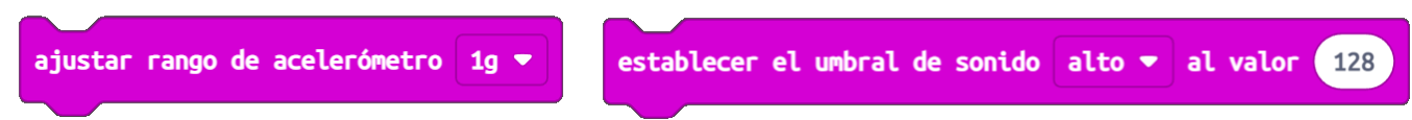 Imagen que muestra bloques para establecer niveles de acelerómetro y sonido en MakeCode