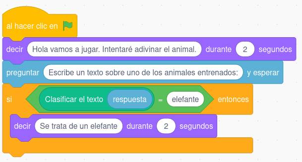 Imagen de los bloques de programación para clasificar un texto según el modelo de aprendizaje