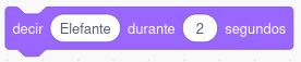 Imagen del bloque de programación de Scratch: decir Elefante durante 2 segundos