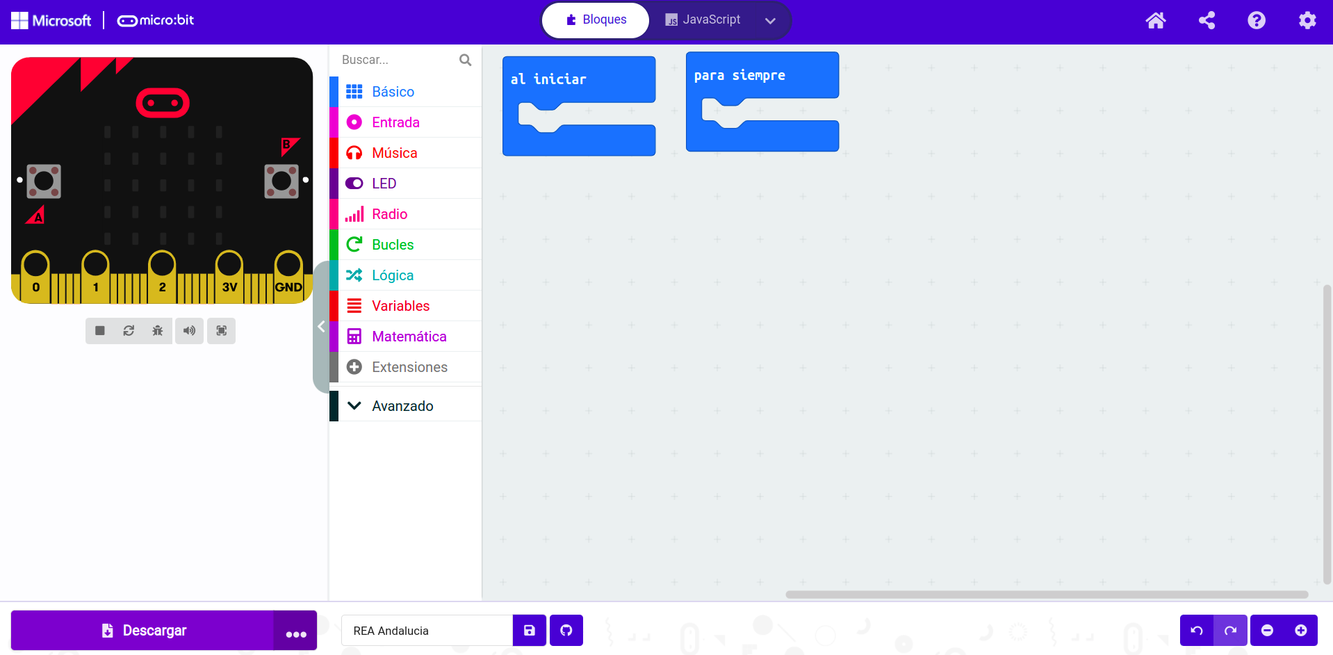 Imagen que describe las partes del entorno de programación MakeCode