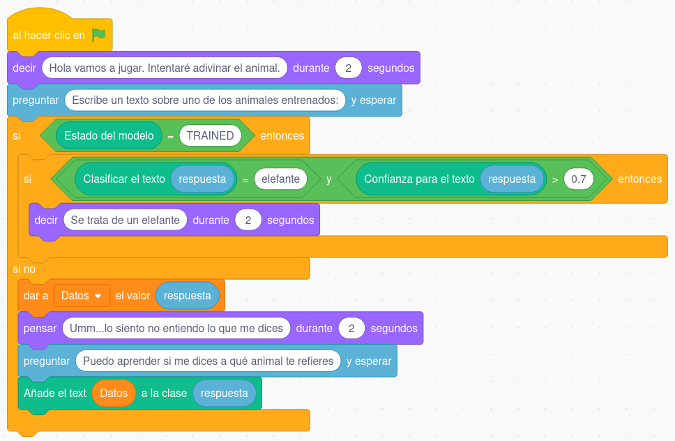 Imagen de los bloques de programación para añadir nuevos textos al modelo de aprendizaje