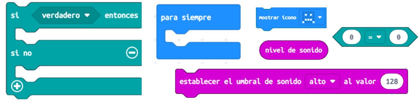 Imagen que muestra los bloques desordenados de un programa para controlar el volumen de voz con la micro:bit
