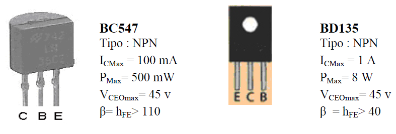 Características transistores BC547 y BD135