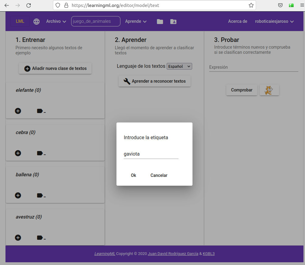 Imagen que describe la introducción de etiquetas del modelo animales