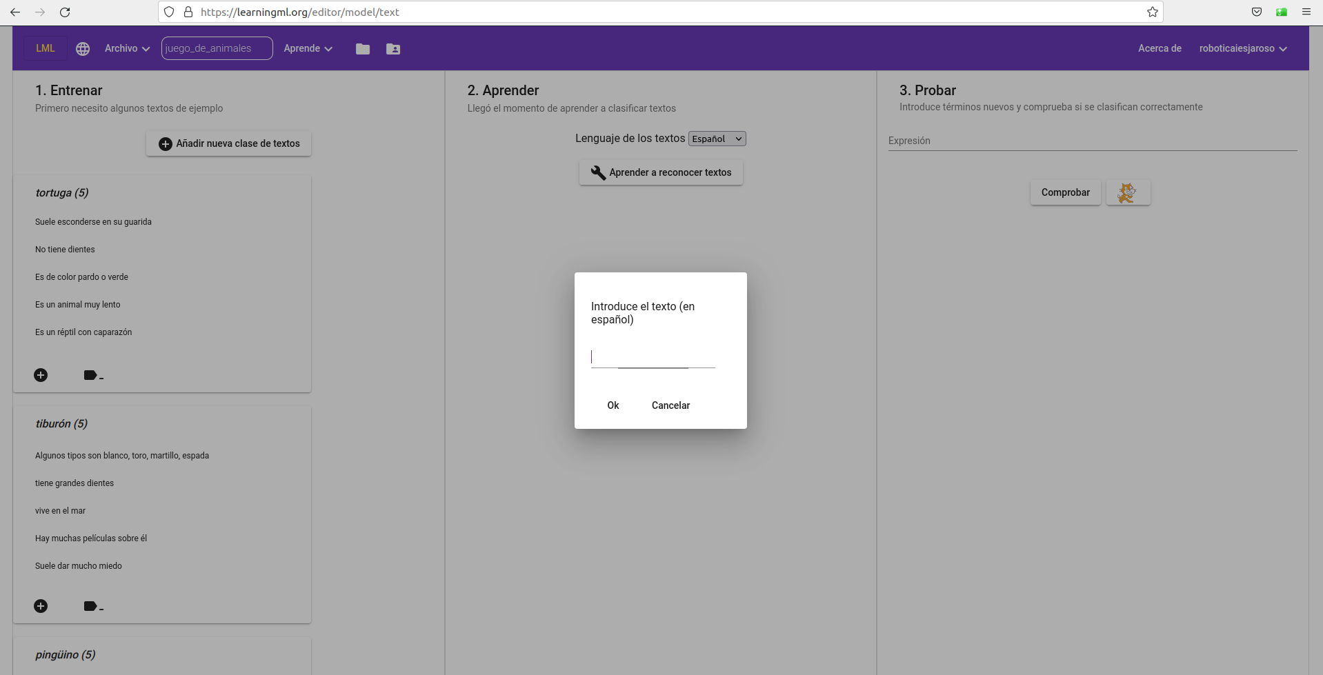 Imagen que muestra la introducción de datos en el modelo de animales