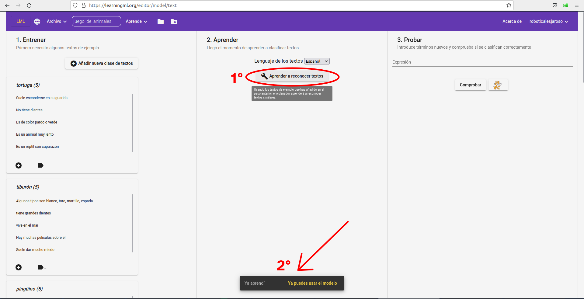 Imagen de la opción aprender de la aplicación Learning ML