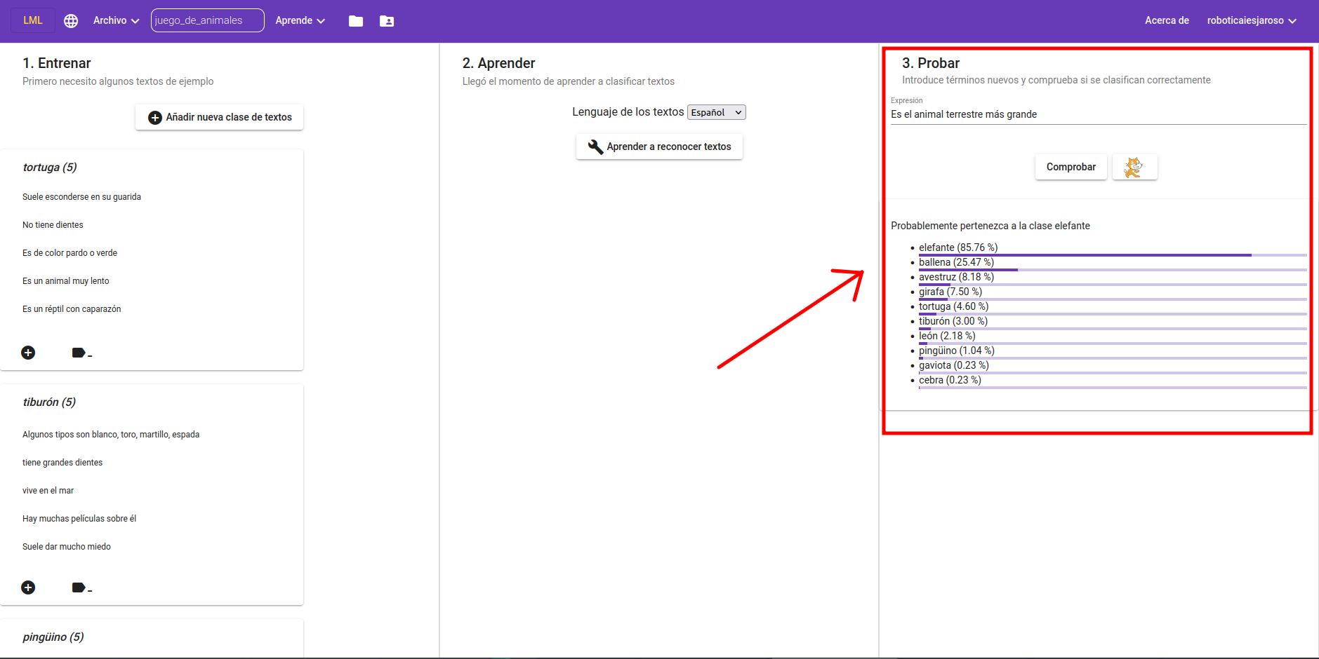 Imagen que describe la prueba del modelo de reconocimiento de animales en LearningML