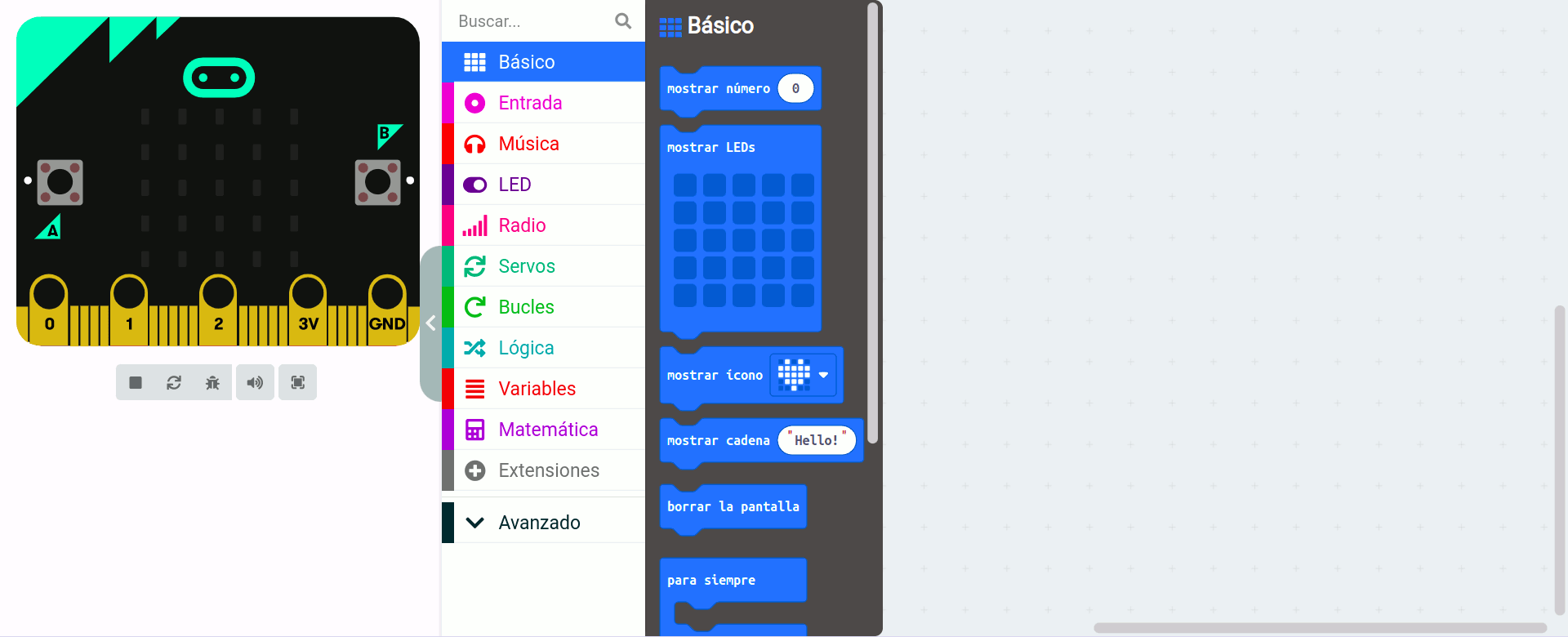 Imagen que describe el menú básico de bloques de MakeCode