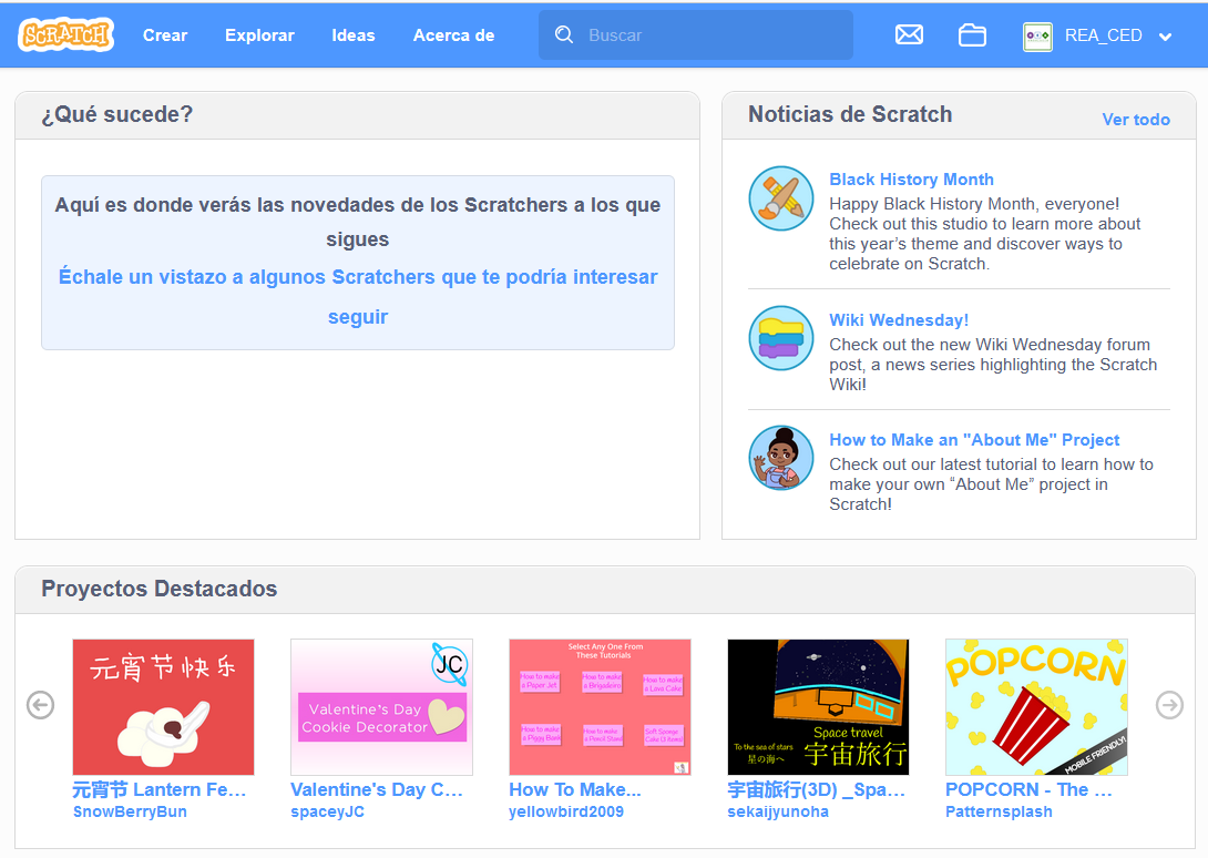 Imagen que describe la usuario logueado en Scratch