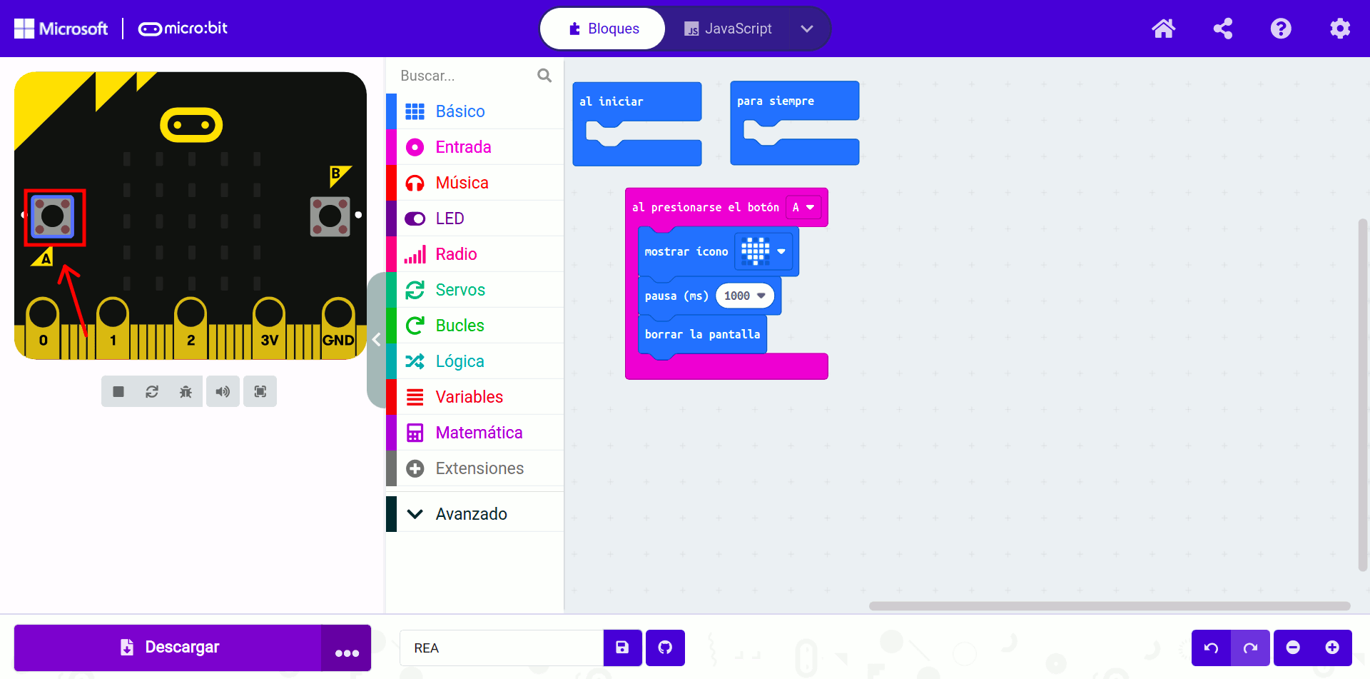 Imagen que describe como simular y comprobar un programa en MakeCode