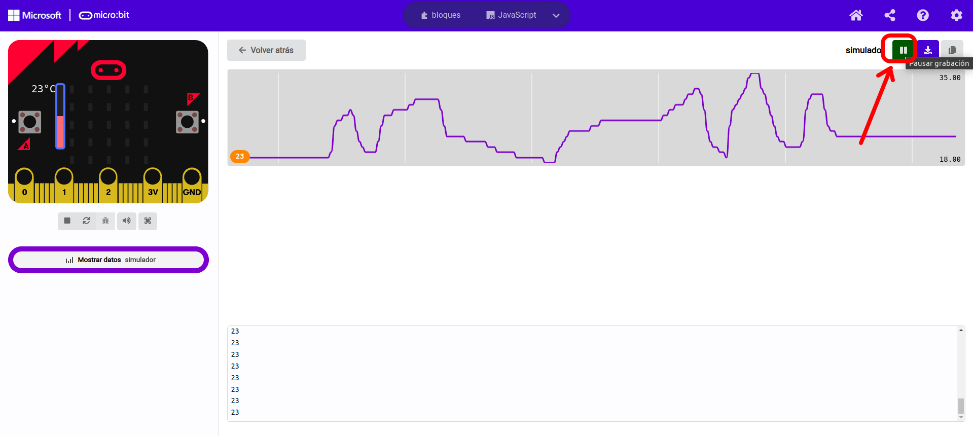 Imagen que describe la pausa del registro de datos de los sensores de la micro:bit