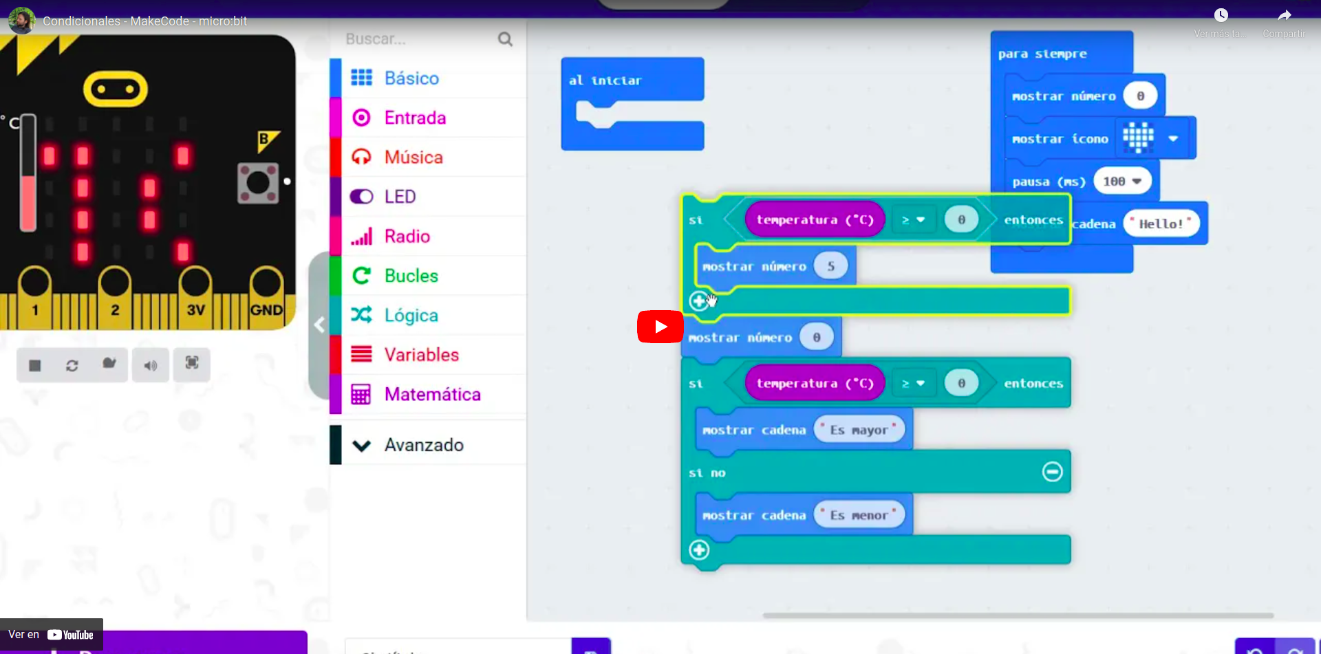 Vídeo que describe la programación de condicionales en el entorno MakeCode