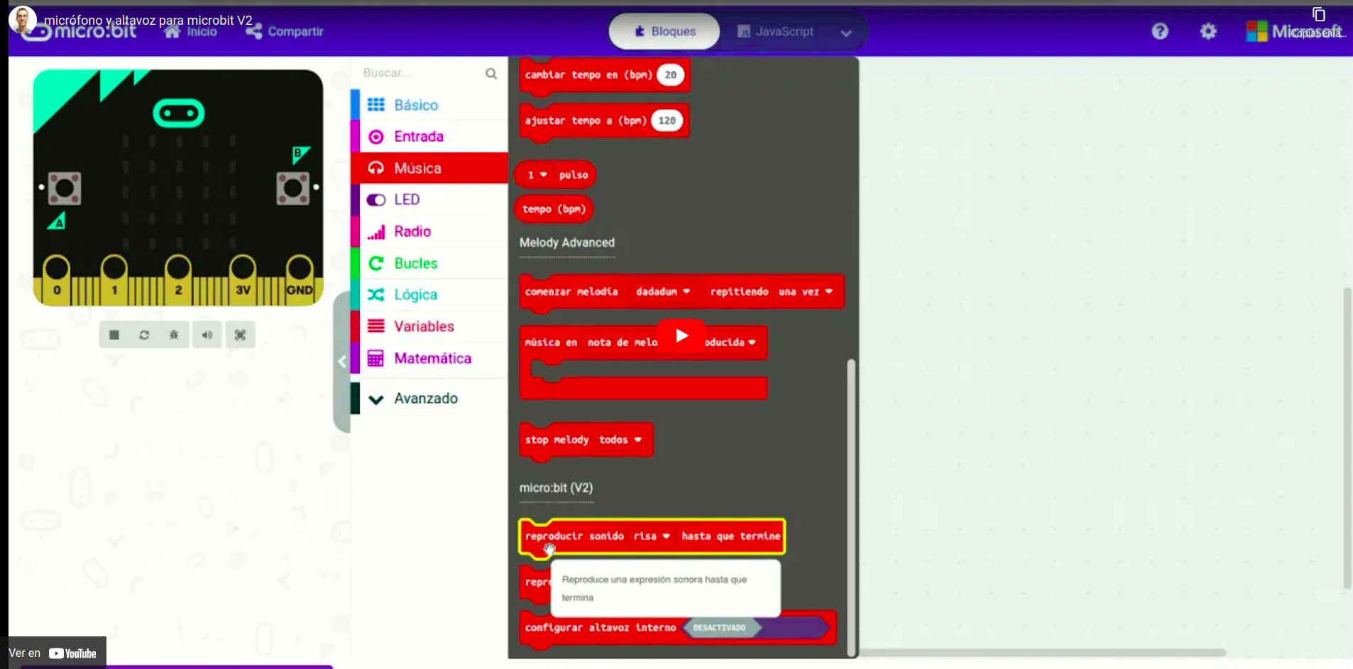 Vídeo que describe el uso del micrófono y altavoz de la placa micro:bit